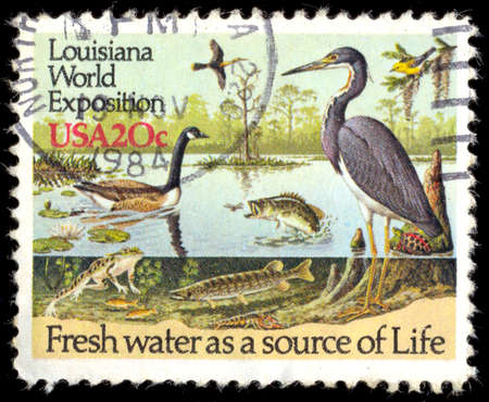 USA - CIRCA 1984: a stamp printed in USA showing an life of water fauna, dedicated to Louisiana World Exposition in New Orleans, circa 1984のeditorial素材
