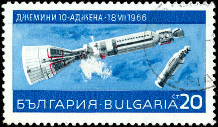 BULGARIA - CIRCA 1966: A stamp printed in Bulgaria shows image of a USA space station Gemini 10, circa 1966のeditorial素材