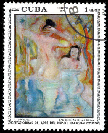CUBA - CIRCA 1973: A stamp printed by CUBA , C. Enriquez "swimmers in lagoon", circa 1973のeditorial素材