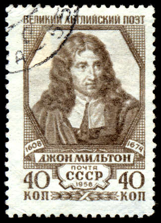 USSR - CIRCA 1958: A stamp printed in USSR (Russia) shows portrait of John Milton with inscription "John Milton - English poet, 1608 - 1674", series "350th Birth Anniversary of John Milton".のeditorial素材