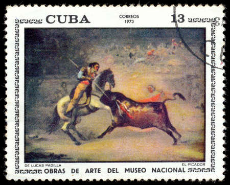 CUBA - CIRCA 1973: A stamp printed in Cuba shows painting of artist Lucas Padila "Picador" , one stamp from series National Museum of Fine Art, circa 1973のeditorial素材