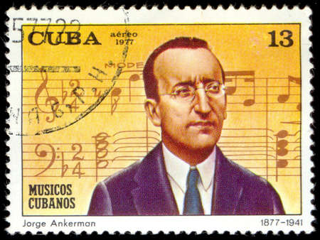 CUBA - CIRCA 1977: A stamp printed in Cuba shows image of the Jorge Anckermann (Havana, 22 March 1877 - 3 February 1941) was a Cuban pianist, composer and bandleader, circa 1977.のeditorial素材