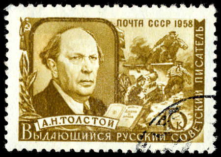 USSR - CIRCA 1958: A postage stamp printed in the USSR shows portrait of famous russian writer Aleksey Nikolayevich Tolstoy, circa 1958のeditorial素材