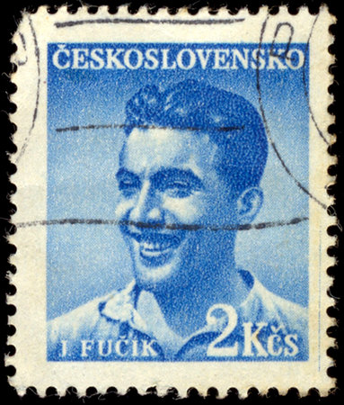 CZECHOSLOVAKIA - CIRCA 1949: A stamp printed in Czechoslovakia shows portrait of Julius Fucik (1903-1943), circa 1949のeditorial素材