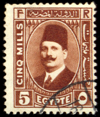 EGYPT - CIRCA 1929: a stamp printed in Egypt shows King Fuad I of Egypt, circa 1929のeditorial素材