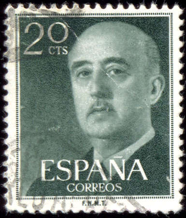 SPAIN - CIRCA 1955: A stamp printed in Spain shows Francisco Franco, circa 1955のeditorial素材