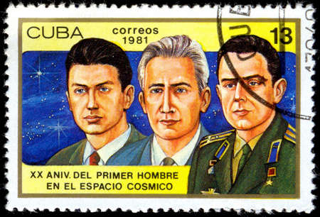 CUBA - CIRCA 1981: a stamp printed in the Cuba shows Konstantin Feoktistov, Boris Yegorov and Vladimir Komarev, Voskhod 1 Crew, 20th Anniversary of 1st Man in Space, circa 1981のeditorial素材