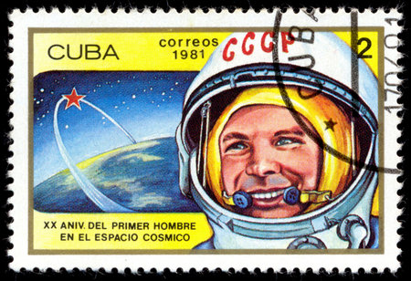 CUBA - CIRCA 1981: a stamp printed in Cuba, shows a portrait of the first cosmonaut Yuri Gagarin, CIRCA 1981のeditorial素材