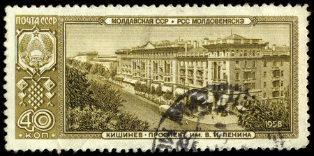 SOVIET UNION - CIRCA 1958: A stamp printed by USSR shows view of Kishinev (Chisinau) - the capital and largest city of the Republic of Moldova, circa 1958のeditorial素材
