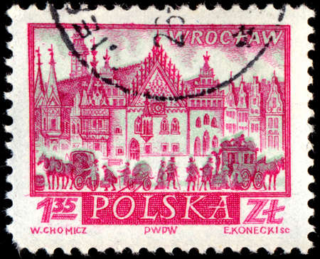 POLAND - CIRCA 1960: A stamp printed by POLAND shows view of Wroclaw - the largest city in western Poland. Wroclaw is the historical capital of Silesia, circa 1960のeditorial素材
