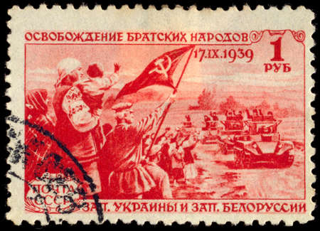 USSR - CIRCA 1940: A Stamp printed in the USSR shows the release of the fraternal peoples of the Red Army, circa 1940のeditorial素材