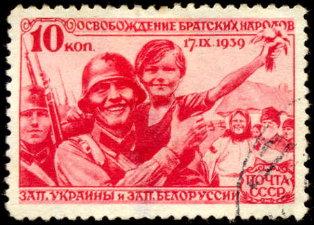 USSR - CIRCA 1940: A Stamp printed in the USSR shows the release of the fraternal peoples of the Red Army, circa 1940のeditorial素材