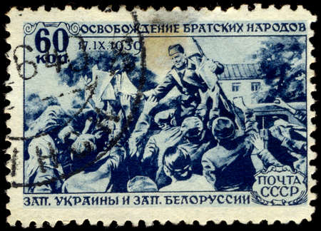 USSR - CIRCA 1940: A Stamp printed in the USSR shows the release of the fraternal peoples of the Red Army, circa 1940のeditorial素材
