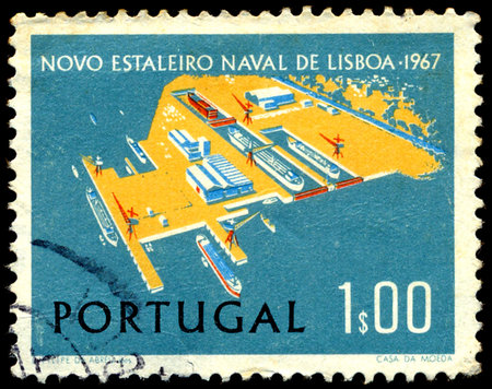 PORTUGAL - CIRCA 1967: a stamp printed in the Portugal shows Lisnave Shipyard at Margueira, Lisbon, circa 1967のeditorial素材