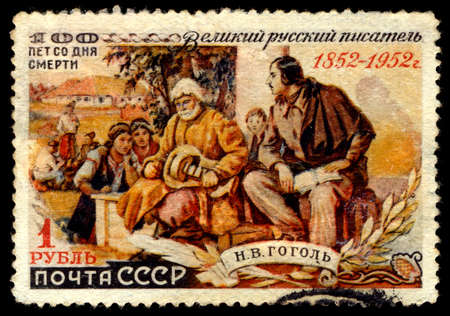 USSR - CIRCA 1952: A stamp printed in USSR (Russia) shows portrait of Nikolai Gogol great Russian writer(1809-1852), series \"100th Death Anniversary of Nikolai Gogol, circa 1952のeditorial素材