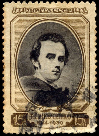 USSR - CIRCA 1939: A stamp printed in USSR shows Taras G. Shevchenko, Ukrainian Writer, 125th anniversary of Birth of Taras G. Shevchenko, circa 1939のeditorial素材