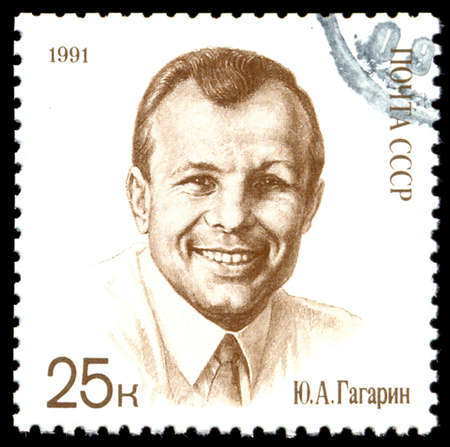 Russia - CIRCA 1991: A stamp printed in the USSR shows shows cosmonaut Yuri Gagarin, one stamp from a series, circa 1991.のeditorial素材