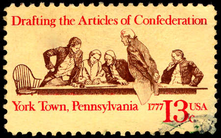 UNITED STATES OF AMERICA - CIRCA 1977: a stamp printed in the USA shows Members of Continental Congress in Conference, American Bicentennial, circa 1977のeditorial素材