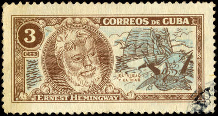 CUBA - CIRCA 1963: A stamp printed in Cuba shows image of the Ernest Miller Hemingway (July 21, 1899 - July 2, 1961) was an American author and journalist, circa 1963.のeditorial素材