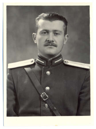 USSR - CIRCA 1951: An antique photo shows portrait of a Soviet Army lieutenant in uniformのeditorial素材