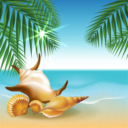 Beach and tropical sea with bright sun and shells. Illustration.のイラスト素材