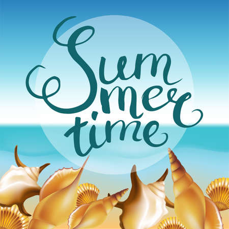 Frame with Calligraphic Word "Summer time" on summer beach background. illustration.のイラスト素材