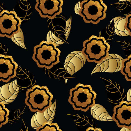 Seamless pattern with gold flowers and leafs on black background. Vector illustration.のイラスト素材