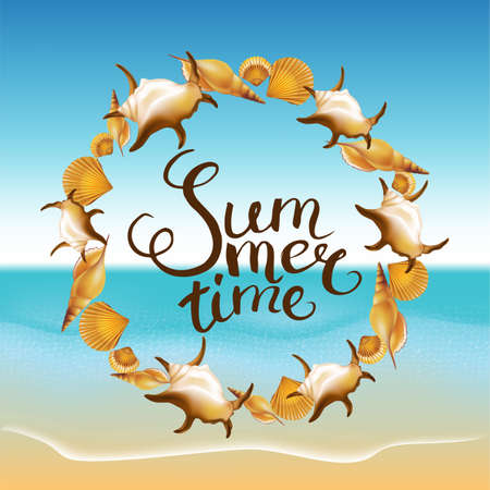 Frame with Hand Drawn Calligraphic Word "Summer time" on summer beach background. Vector illustration.のイラスト素材