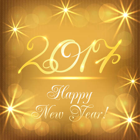 Happy New Year 2017 on gold background with lights. Vector illustration.のイラスト素材