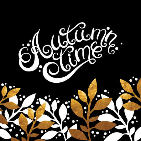 Vintage card with autumn leaves gold texture and lettering "Autumn time". Vector illustration.のイラスト素材