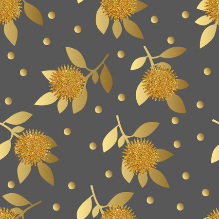 Seamless pattern with gold glitter flowers and leafs on gray background. Vector illustration.のイラスト素材