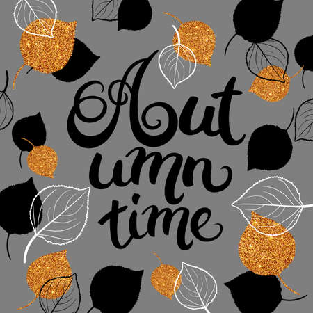 Autumn time template with gold texture birch leaves. Lettering autumn time. Concept leaflet, flyer, poster advertising or any design. Vector illustration.のイラスト素材