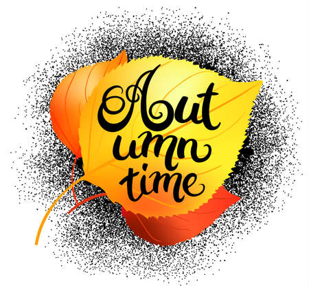 Autumn time typography on birch autumn leaves on black splash. Vector illustration.のイラスト素材