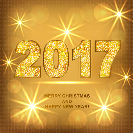 Happy New Year 2017 on gold background with lights. Vector illustration.のイラスト素材