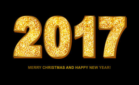 2017 Merry Christmas and Happy New Year gold glitter texture font. Vector illustration.のイラスト素材
