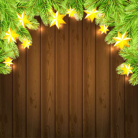 Christmas background with stras garland and fir-tree on wood background. Vector illustration.のイラスト素材