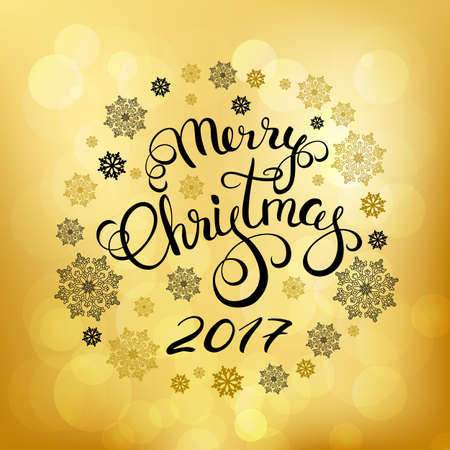 Merry Christmas greeting card with gold, black snowflakes. Merry Christmas 2017 calligraphy. Vector illustration.のイラスト素材