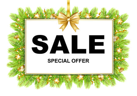 Christmas sale frame with bow, stars, balls and fir-tree isolated on white background. Vector illustration.のイラスト素材