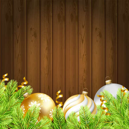 Gold, white, silver balls and fir-tree on wood texture background. Christmas background. Vector illustration.のイラスト素材