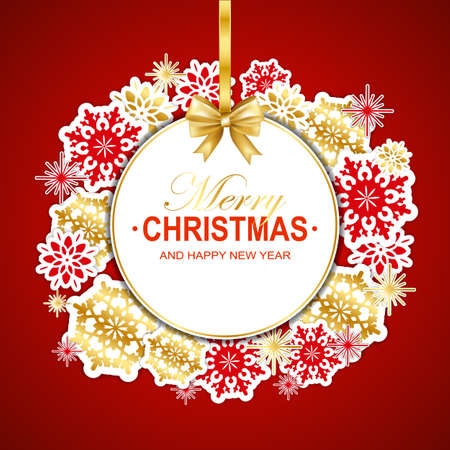 Merry Christmas and Happy New Year frame card with bow, paper snowflakes. Vector illustration.のイラスト素材
