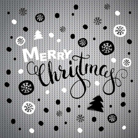 Merry Christmas greeting card with calligraphy. Handwritten modern brush lettering on knitted texture background. Hand drawn design elements.のイラスト素材