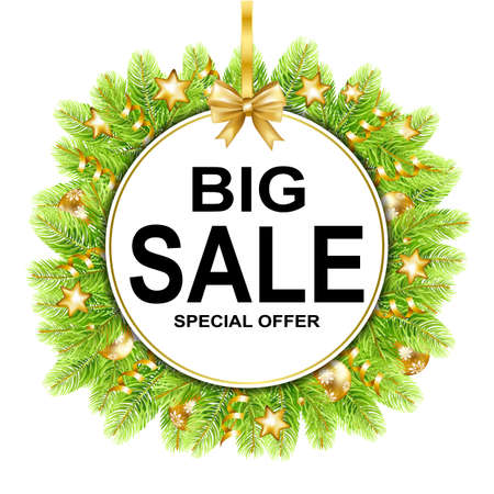 Christmas big sale frame with bow, stars, balls and fir-tree isolated on white background. Vector illustration.のイラスト素材
