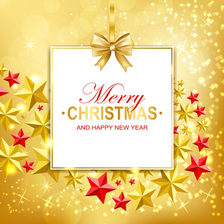 Merry Christmas and Happy New Year card with bow and gold and red stars. Vector illustration.のイラスト素材