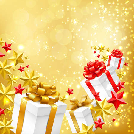 Christmas greeting illustration with lights, gold and red stars and gift boxes. Vector illustration.のイラスト素材