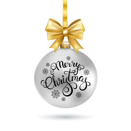 Silver Christmas ball with Merry Christmas calligraphy isolated on white background.  Vector illustration.のイラスト素材