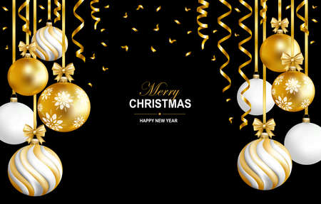 Merry Christmas and Happy New Year card with gold, white and striped balls and gold serpentine. Vector illustration.のイラスト素材