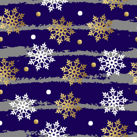 Seamless pattern with gold and white snowflakes on blue background. Vector illustration.のイラスト素材