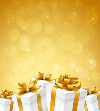 Christmas gift boxes with gold ribbons on gold lights bokeh background. Vector illustration.のイラスト素材