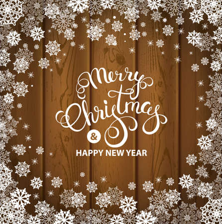 Falling snowflakes Christmas card with calligraphy on wood texture background. Vector illustration.のイラスト素材