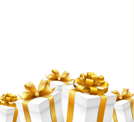 Christmas gift boxes with gold ribbons isolated on white background. Vector illustration.のイラスト素材